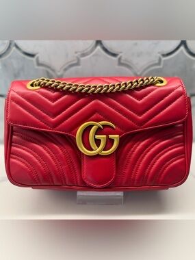 Gucci Red Quilted GG Marmont Shoulder Bag with Gold Hardware